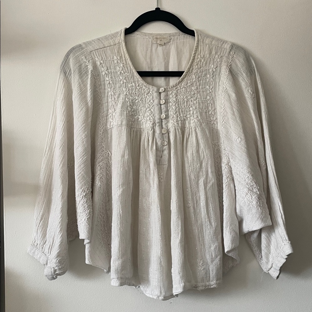 Cost Plus World Market|Cream/Ivory Embroidered Boho Peasant Top|S/M|EUC